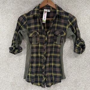 Y2K Fresh Brewed Junior Girl M Stretch Shirt Preppy Plaid Green Roll Cuff